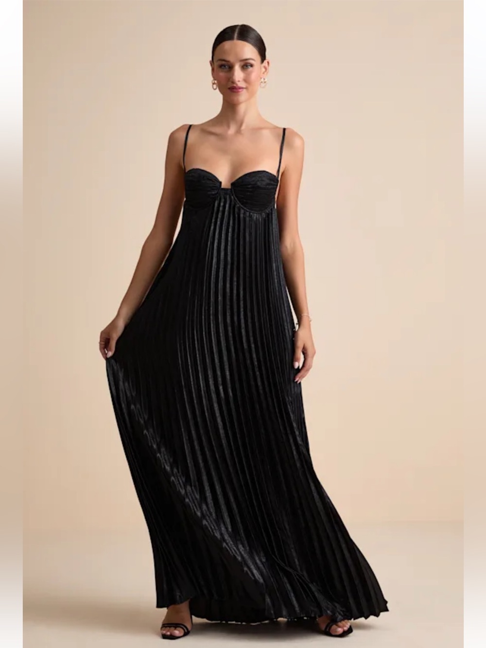 Lulu's Black Pleated Satin Maxi Slip Dress